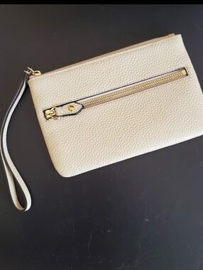 Lodis Colleen Tan Pebbled Leather Wristlet Clutch Wallet Double Zip Pouch NEW